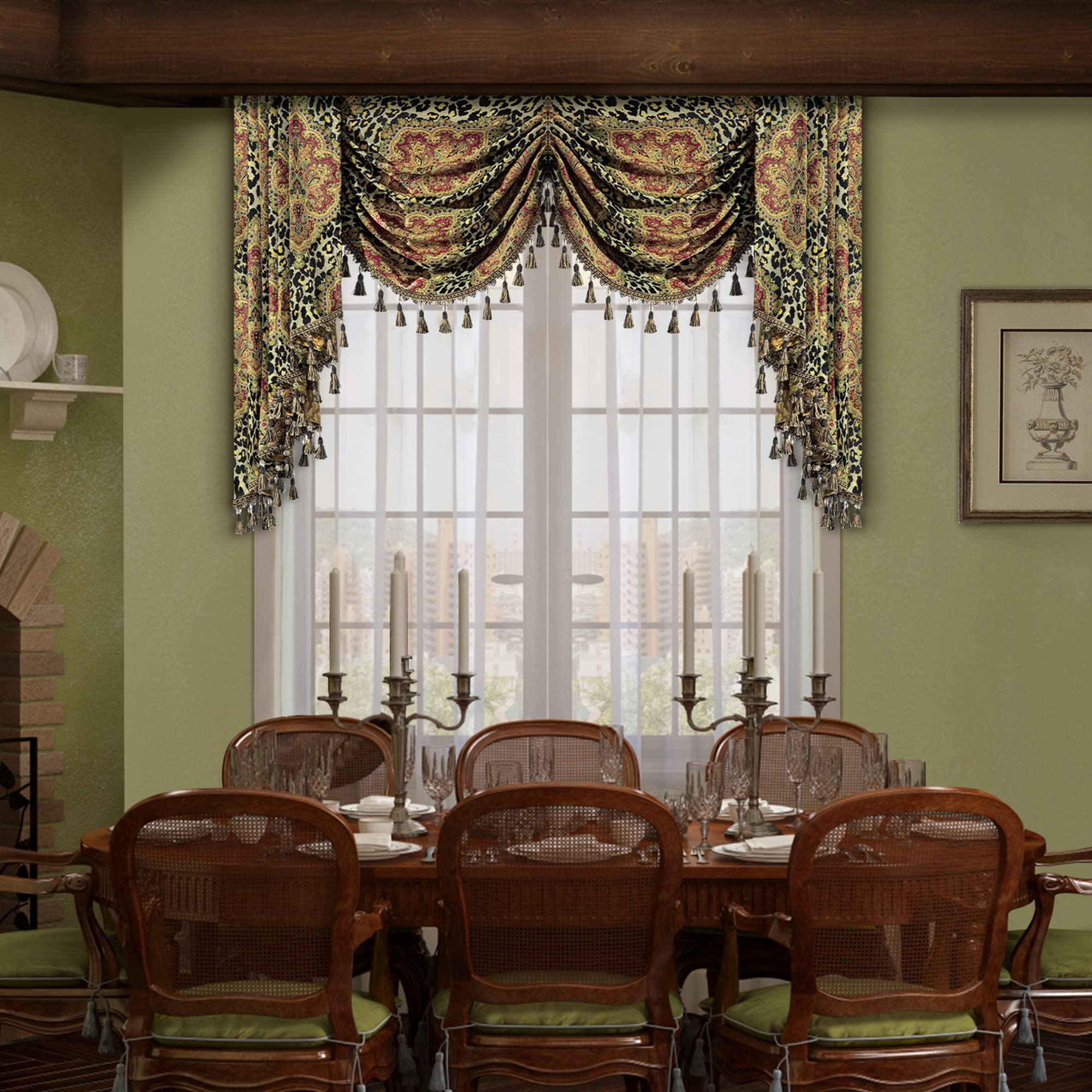 TOPLUXE Swag Valance for Windows, Classic Waterfall Valance with Tassels, Short Curtain for Bedroom Living Room Kitchen (Width 150cm, Leopard Print)