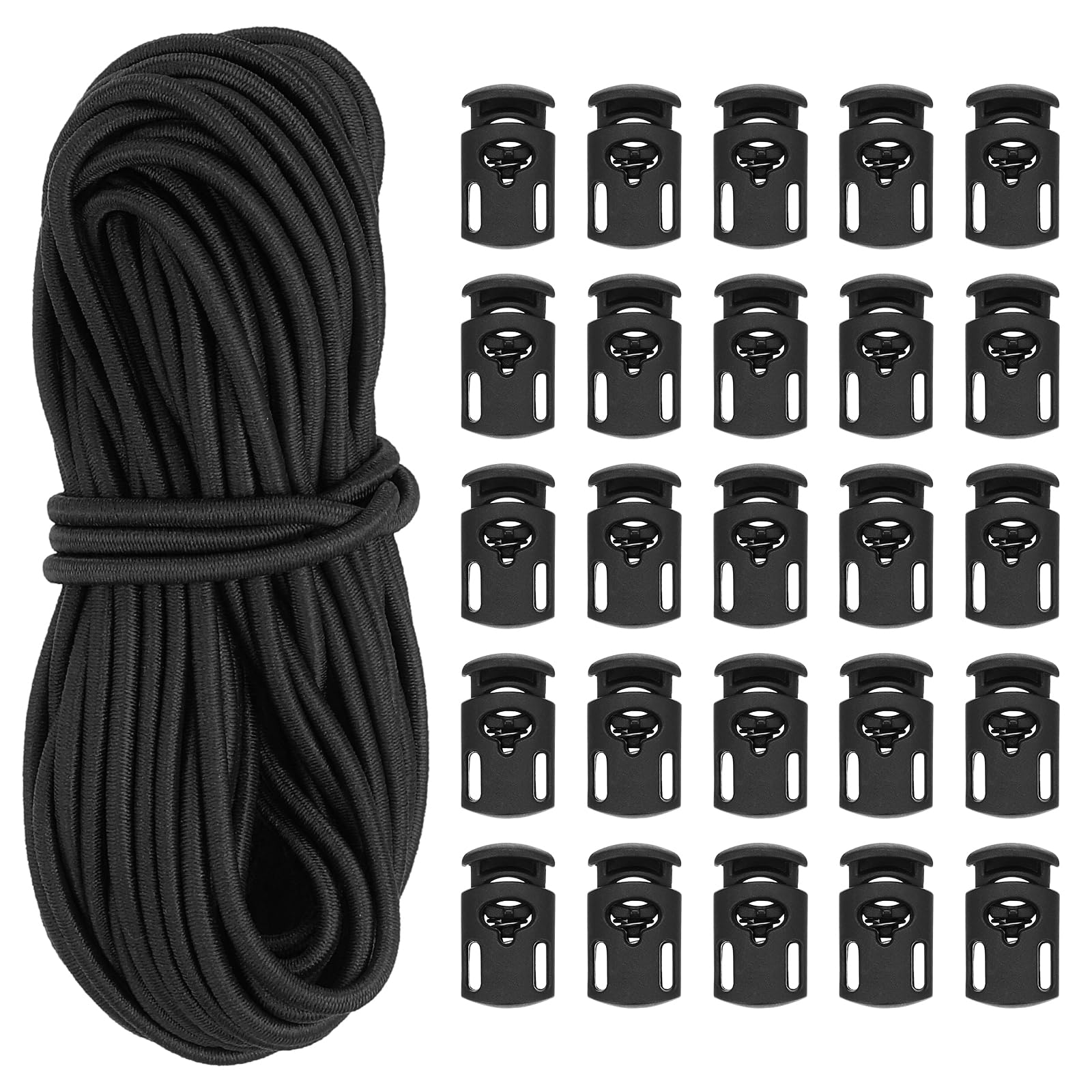 PATIKIL 10 Yard Elastic Bungee Cord & Single Hole Cord Lock, 25 Pack Plastic Oval Spring Toggle Stopper for Paracord Drawstring Shoelace Clothing Backpack Bags, Black