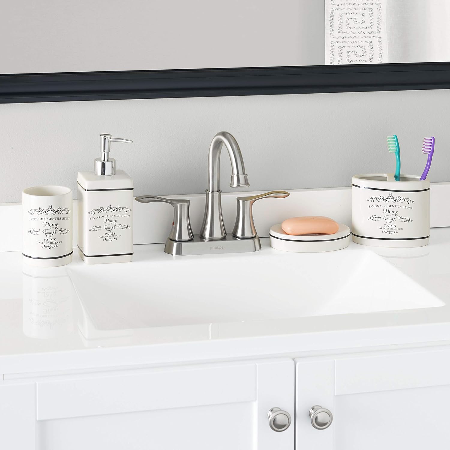 Home Basics Paris Collection 4 Piece Bathroom Accessories Set Featuring a Soap Dispenser, Toothbrush Holder, Tumbler, and Soap Dish: Kitchen & Dining