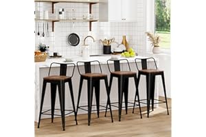 WENTMENT Metal Bar Stools Set of 4 Counter Height Barstools with Removable Back 24" Kitchen Bar Stools with Wooden Seat, Black