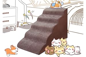 LitaiL Pet Stairs for High Beds 25 Inches Tall, Extra Wide Dog Density Foam Ramps/Stairs/Ladder for Couch, Older Dogs, Cats, Puppies, Injured Dogs (with 1 Rope Toy, 5-Tier Brown)