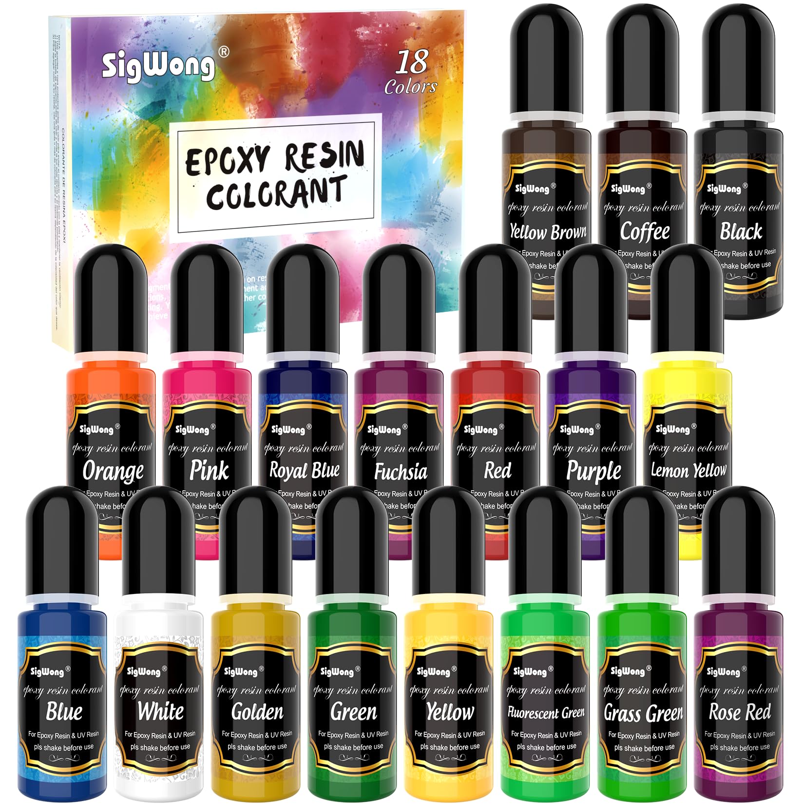 Epoxy Resin Pigment - 18 Colour Liquid Colorant, Highly Concentrated UV Resin Dye for DIY Jewelry Making, Paint and Craft - 10ml Each