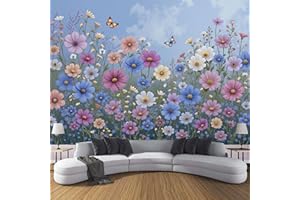 Flowers Wall Mural Wallpaper, Elegance Wildflowers Butterflies Not Peel and Stick Wallpaper, Large Photo Sticker TV Backgroun