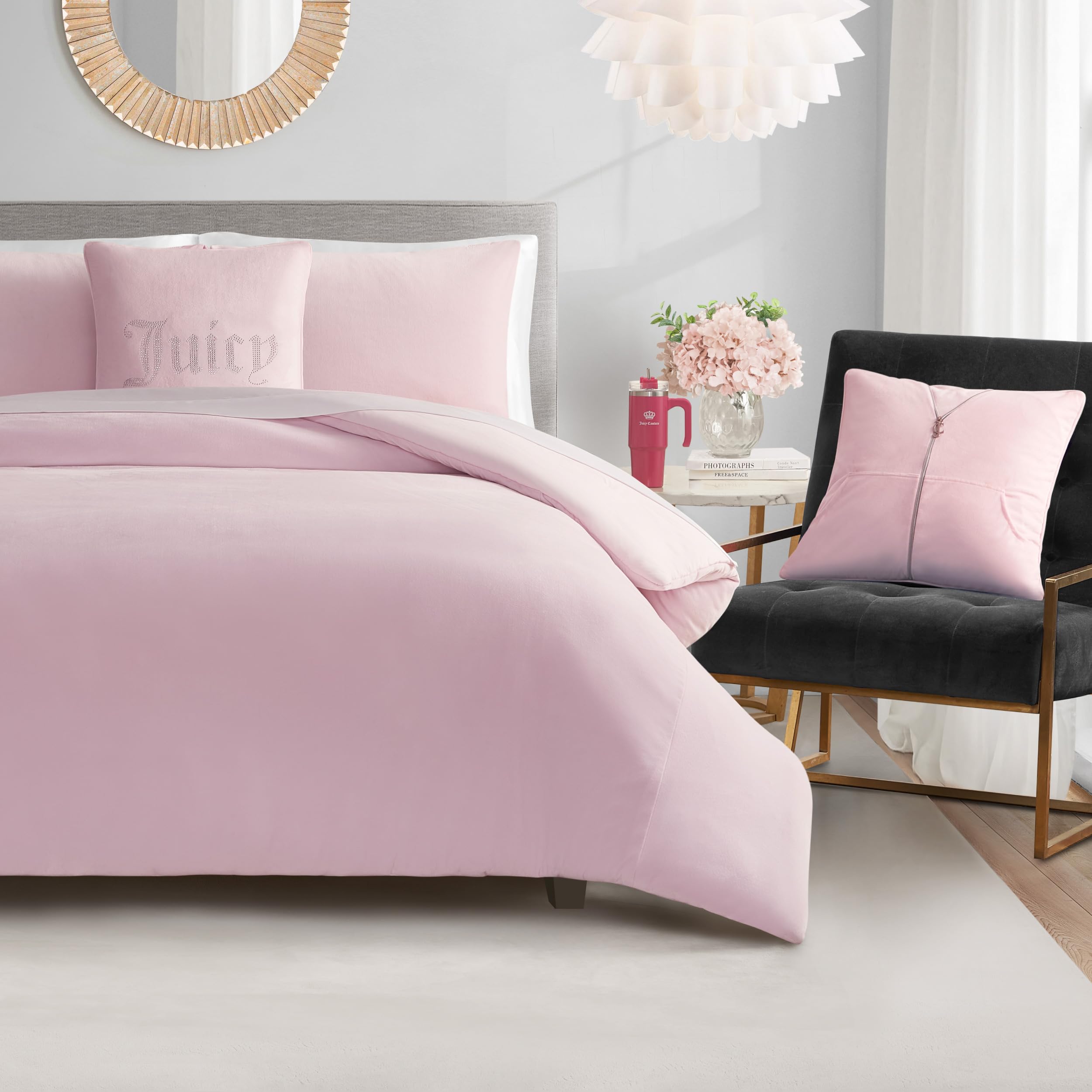 Juicy Couture Marshmallow Pink Velour King Comforter Set with Decorative Pillows - 5 Piece Luxury Bedding Ensemble
