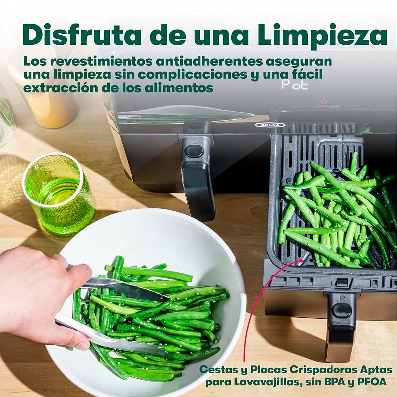 Freidora de aire de 8L, doble canasta y pantalla táctil, 8 opciones de cocción, temperatura ajustable, apagado automático, bandejas antiadherentes, 1700W, color negro