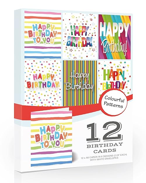 Olivia Samuel 12 x Colourful Birthday Cards Pack & Envelopes Great value pack of birthday cards. 6 Designs. Made in the UK