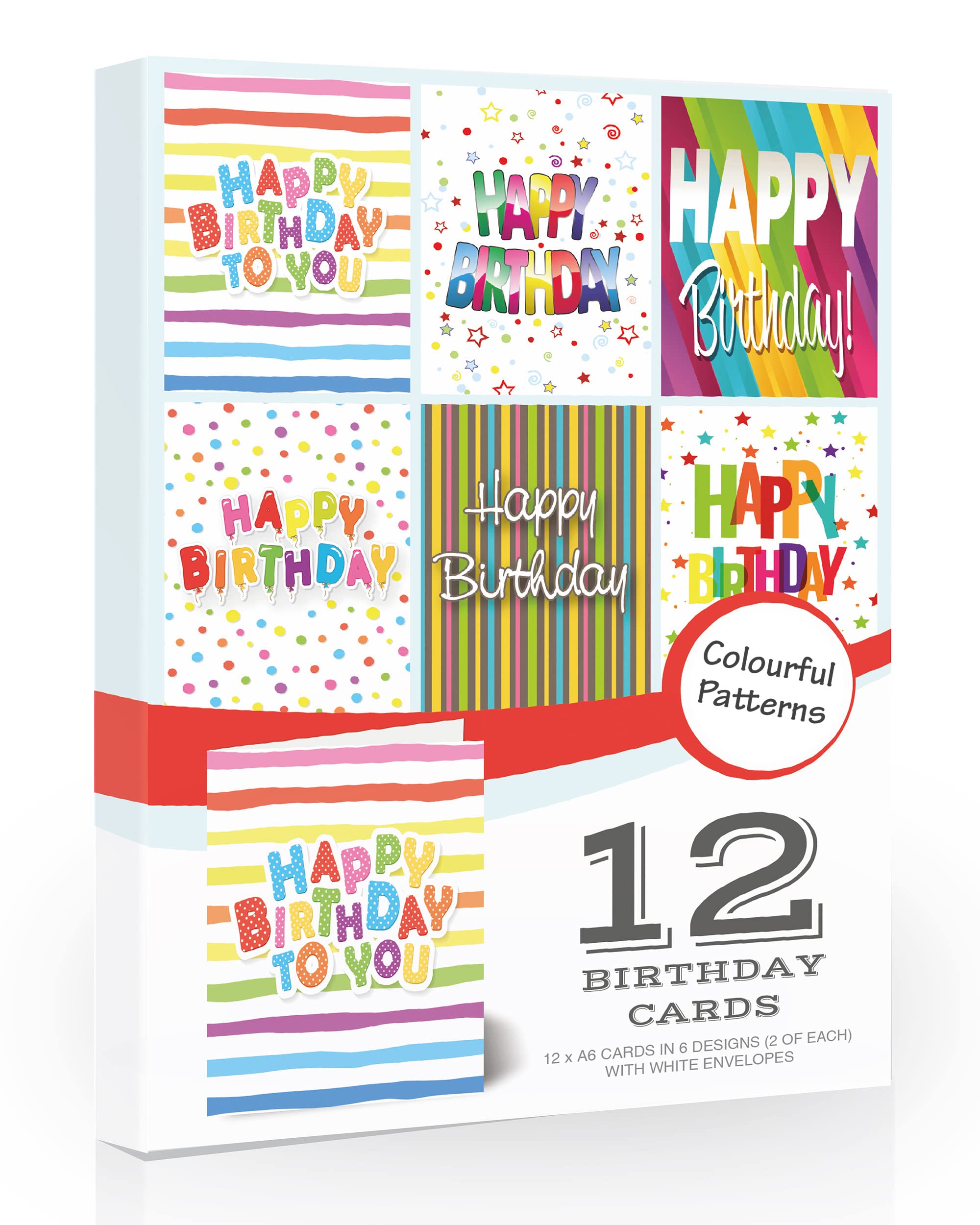 Olivia Samuel 12 x Colourful Birthday Cards Pack & Envelopes Great value pack of birthday cards. 6 Designs. Made in the UK