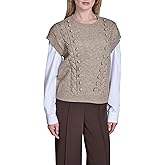 BCBG Womens Crewneck Sweater Vest with Woven Sleeves