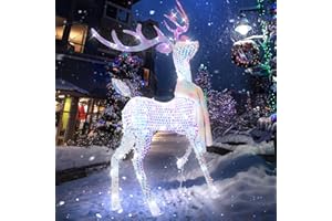 VIKIMORA 4.5FT Lighted Up 3D Iridescent Christmas Reindeer Decorations, Indoor Outdoor LED Pre Lit Metal Frame Holiday Decor,Cool White Lights Xmas Yard Decoration
