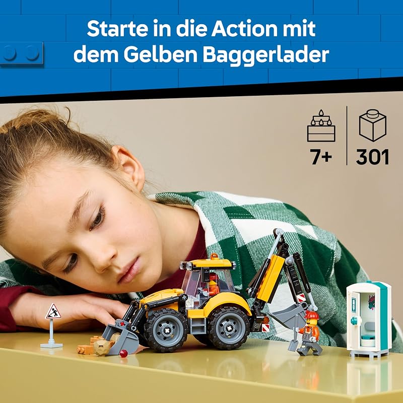 City Gelber Baggerlader - Baufahrzeug Spielzeug - Traktor mit 2 Minifiguren, funktionierender Frontschaufel und Heckbagger - Geburtstagsgeschenk für Jungen ab 7 Jahren - 60480 — Foto 2 von 8