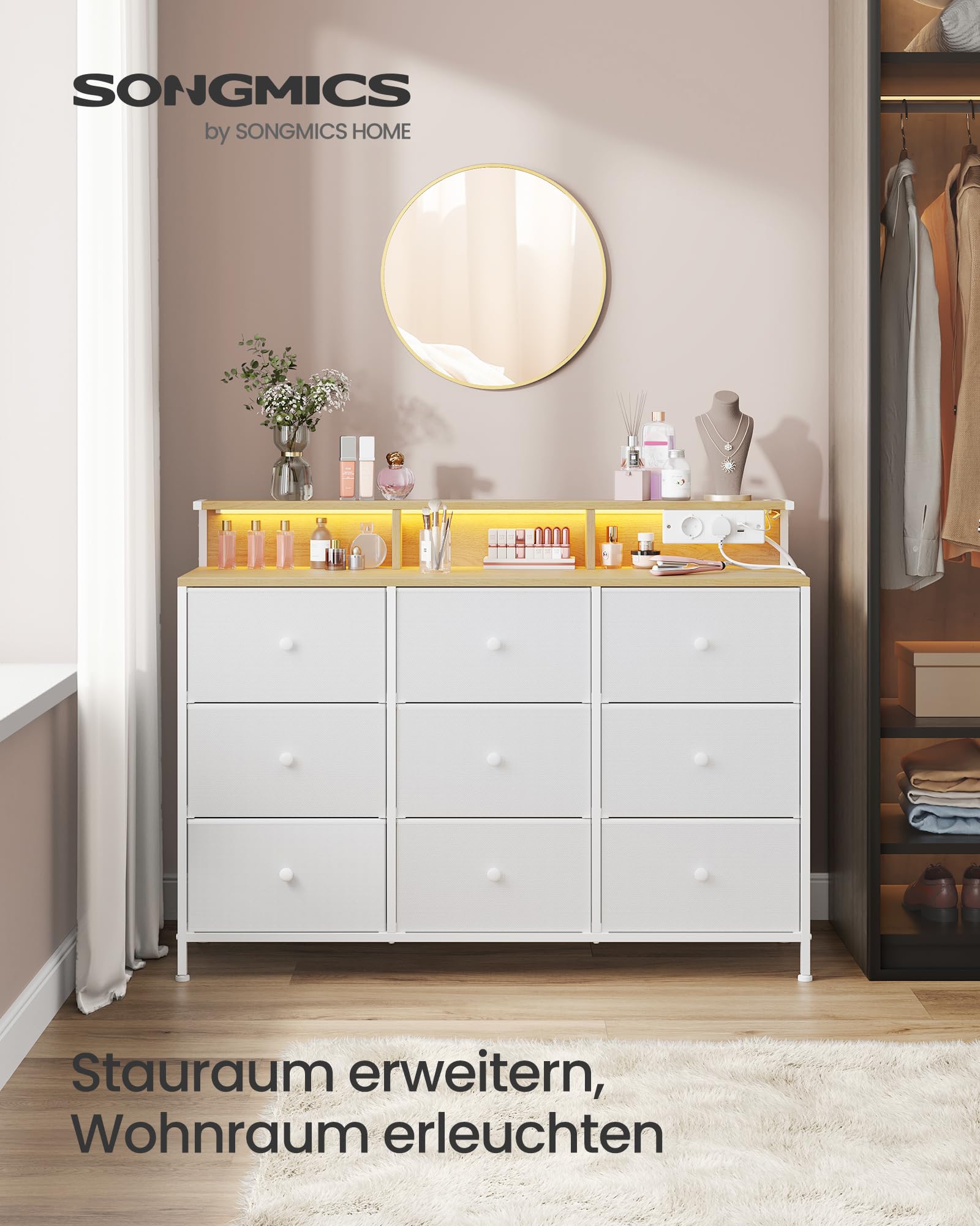 SONGMICS Kommode, Aufbewahrungsschrank mit 9 Schubladen und LED-Beleuchtung, Steckdosenleiste, Stahlrahmen, 33,5 x 114 x 84 cm, für Schlafzimmer, Wohnzimmer, wolkenweiß LTS519W02 3