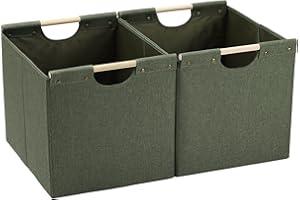 HOONEX Large Collapsible Storage Bins, Linen Fabric, Pack of 2, Storage Baskets with Wooden Carry Handles and Sturdy Heavy Cardboard, for Home, Office, Car, Nursery, Olive