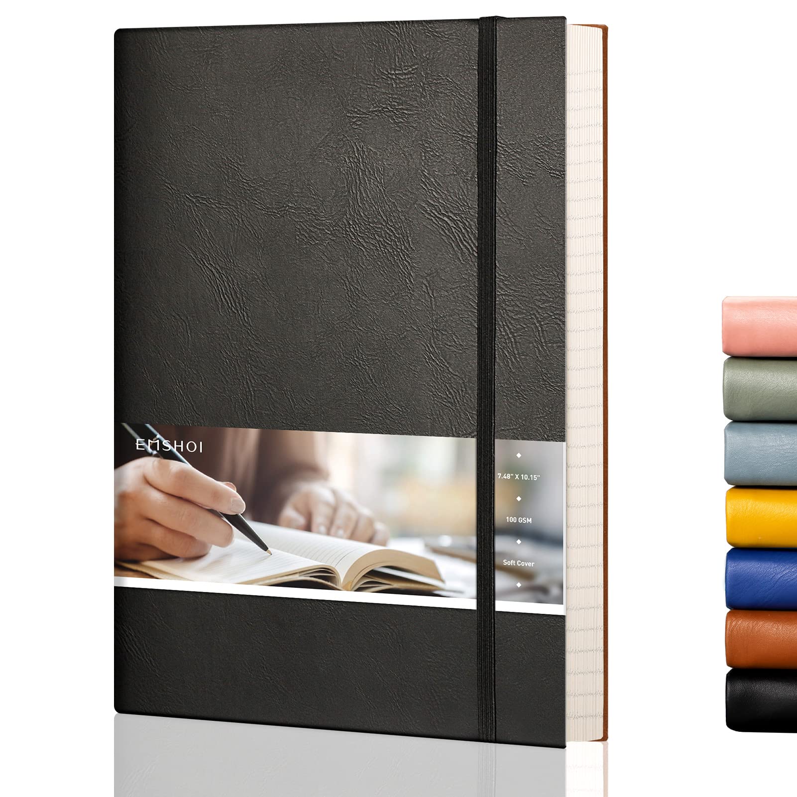 EMSHOI B5 Notebook Lined Notepad - 19 x 25 cm Large Leather Journal with Sticky Notes, 204 Numbered Pages, 100gsm Lined Paper, Back Pocket, Softcover, Black — image 1