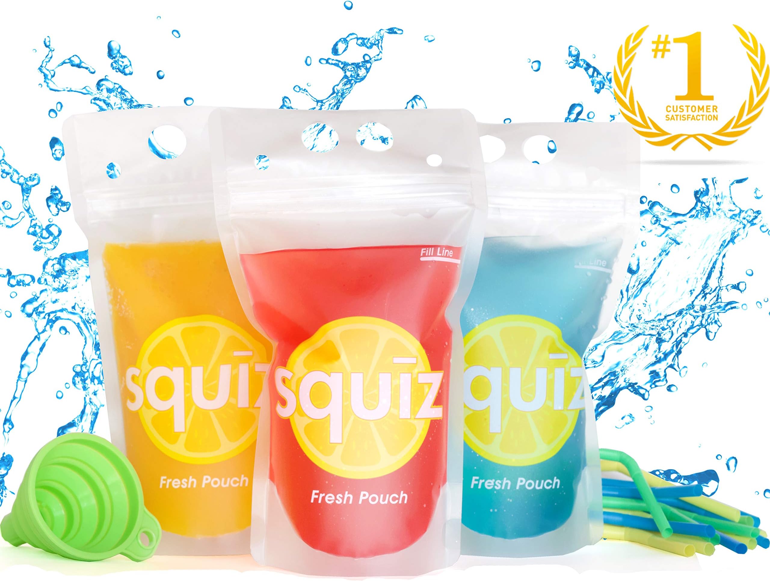Top Choice 50 Drink Pouches Deluxe Set, 8 oz Drink Bags with BONUS Silicone Straws, Cleaner, Pouch, Funnel, and Recipe EBOOK by Squiz