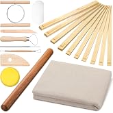 Baderke 20 Pcs Pottery Teaching Set for Ceramic Clay Making | Includes 1 Wooden Rolling Pin, 10 Pottery Teaching Rolling Mud Stick Guide, 8 Clay Sculpting Tools, 1 Special Linen