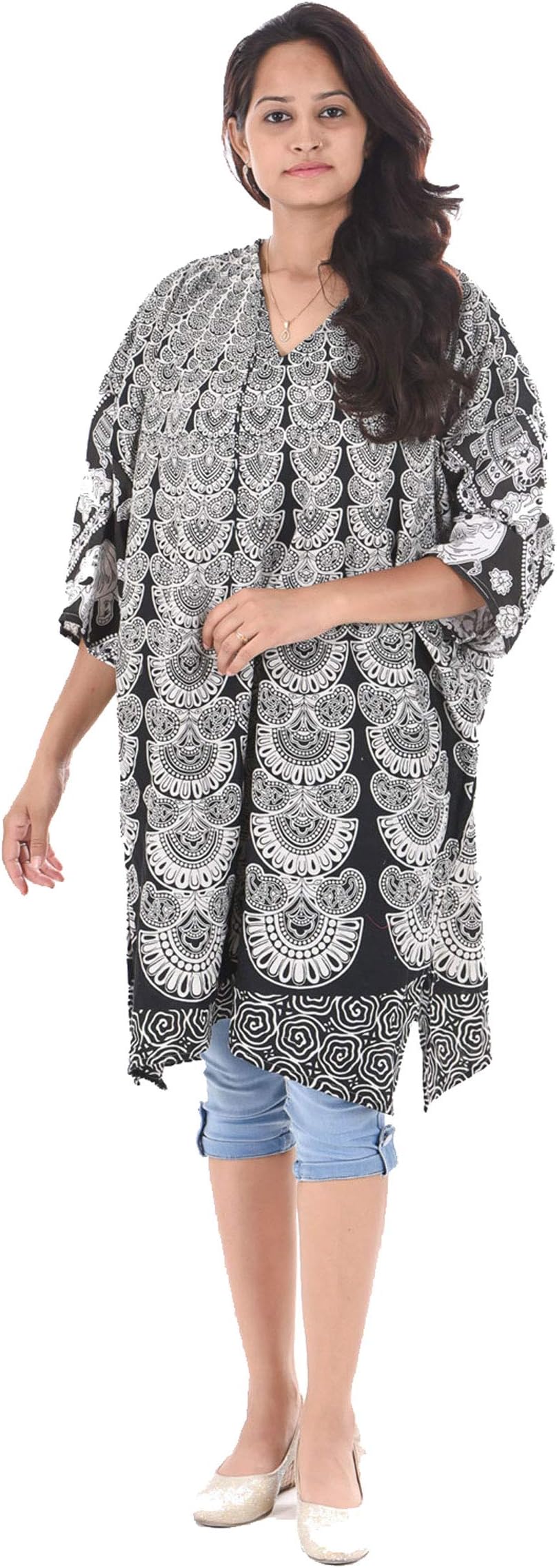 Indian 100% Cotton Kurta Women Ethnic Top Tunic Kurtis Mandala Print Black Color