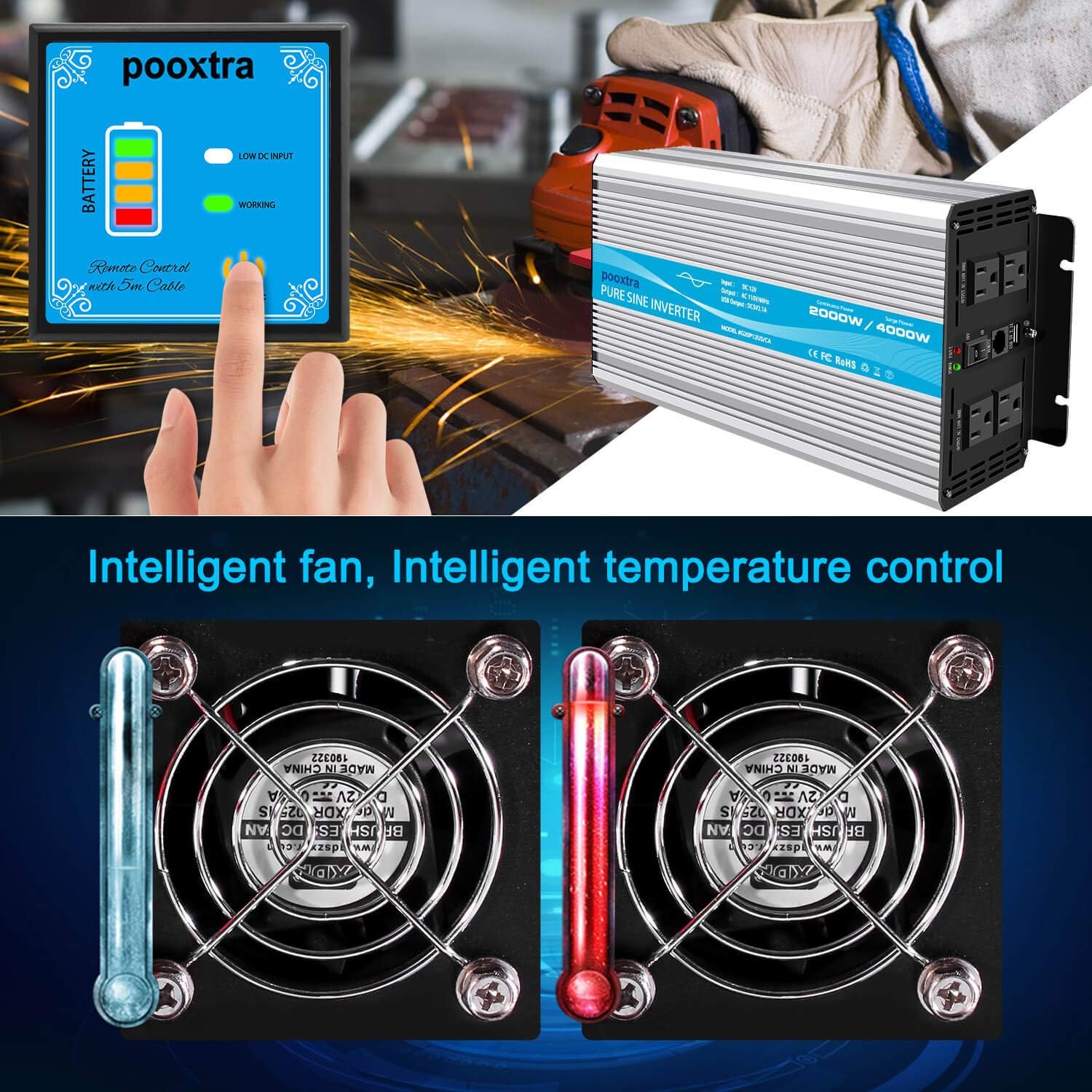 pooxtra 2000W Pure Sine Wave Power Inverter 12V to 110V 4000W Peak Power Converter with 4 AC Outlets and 2.1A USB Port & Remote Controller for RV Trucks Boats and Emergency: Car Electronics