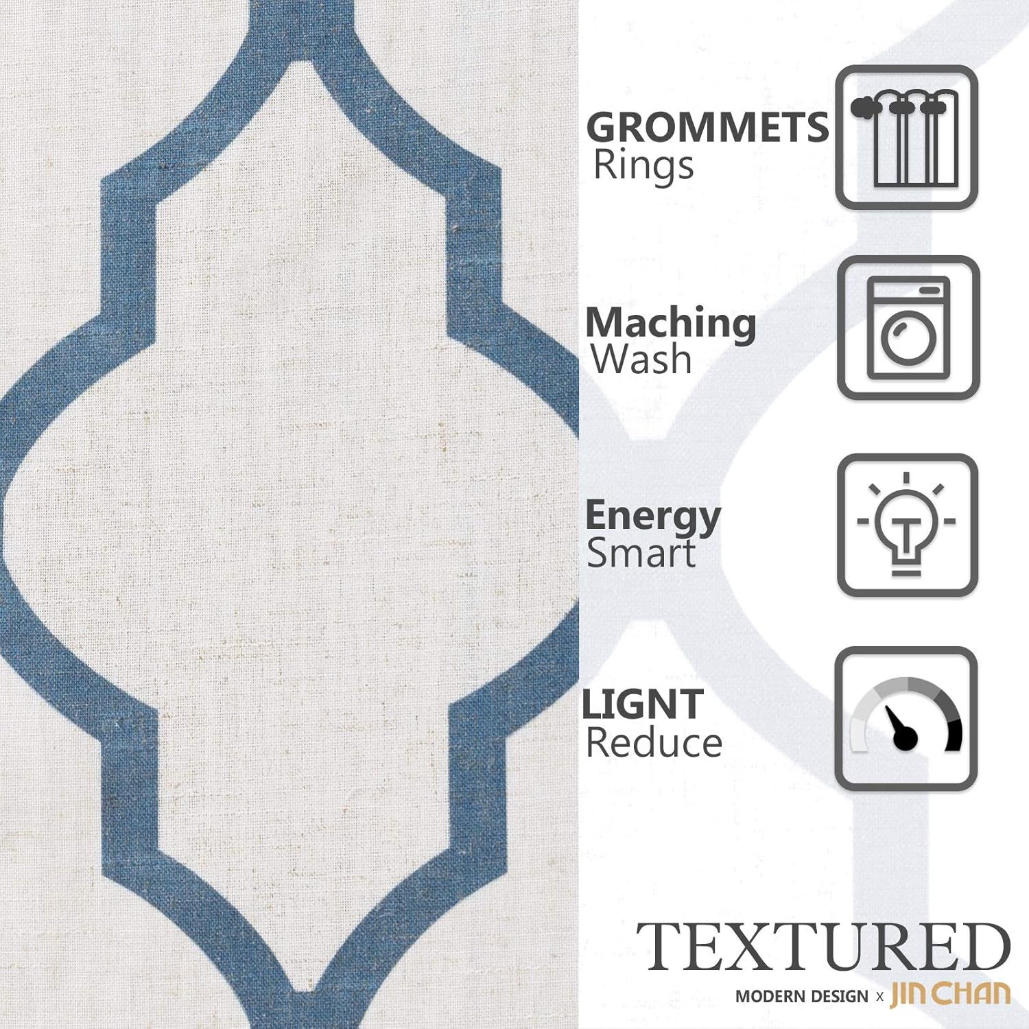 JINCHAN Moroccan Tile Print Curtains for Living Room Quatrefoil Flax Linen Blend Textured Geometry Lattice Grommet Window Treatment Set for Bedroom 50" W x 45" L 2 Panels Blue on Beige: Kitchen & Dining