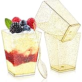 Qeirudu 5 oz Gold Glitter Mini Dessert Cups with Spoons - 50 Pack Plastic Parfait Cups Square Dessert Shooter Cups for Party Serving Pudding Cheesecake Mousse Jello