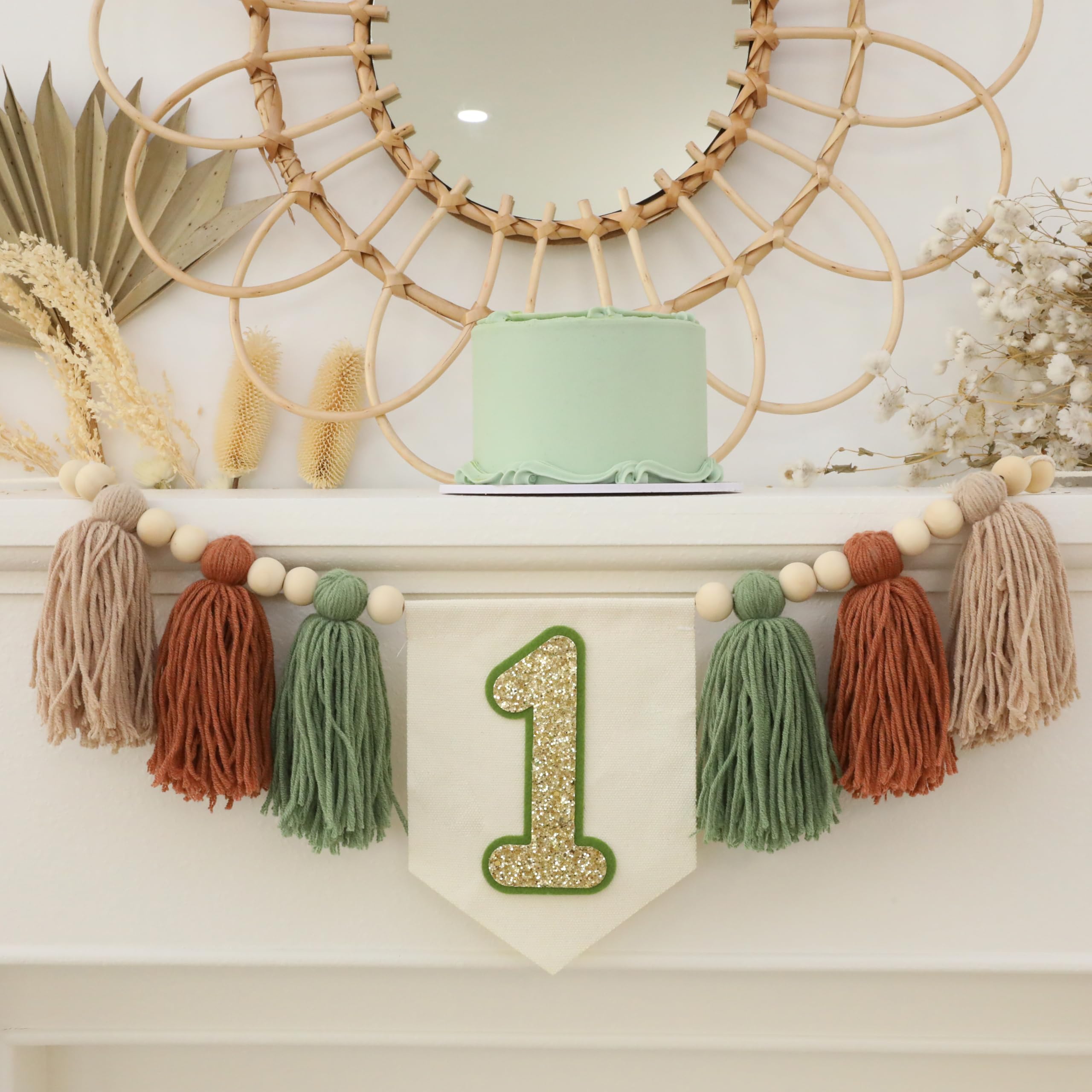 HODIHIWI Wild One 1st Green Brown Highchair Banner Handmade Wood Bead Tassel Garland Birthday Party Decorations For Baby Shower