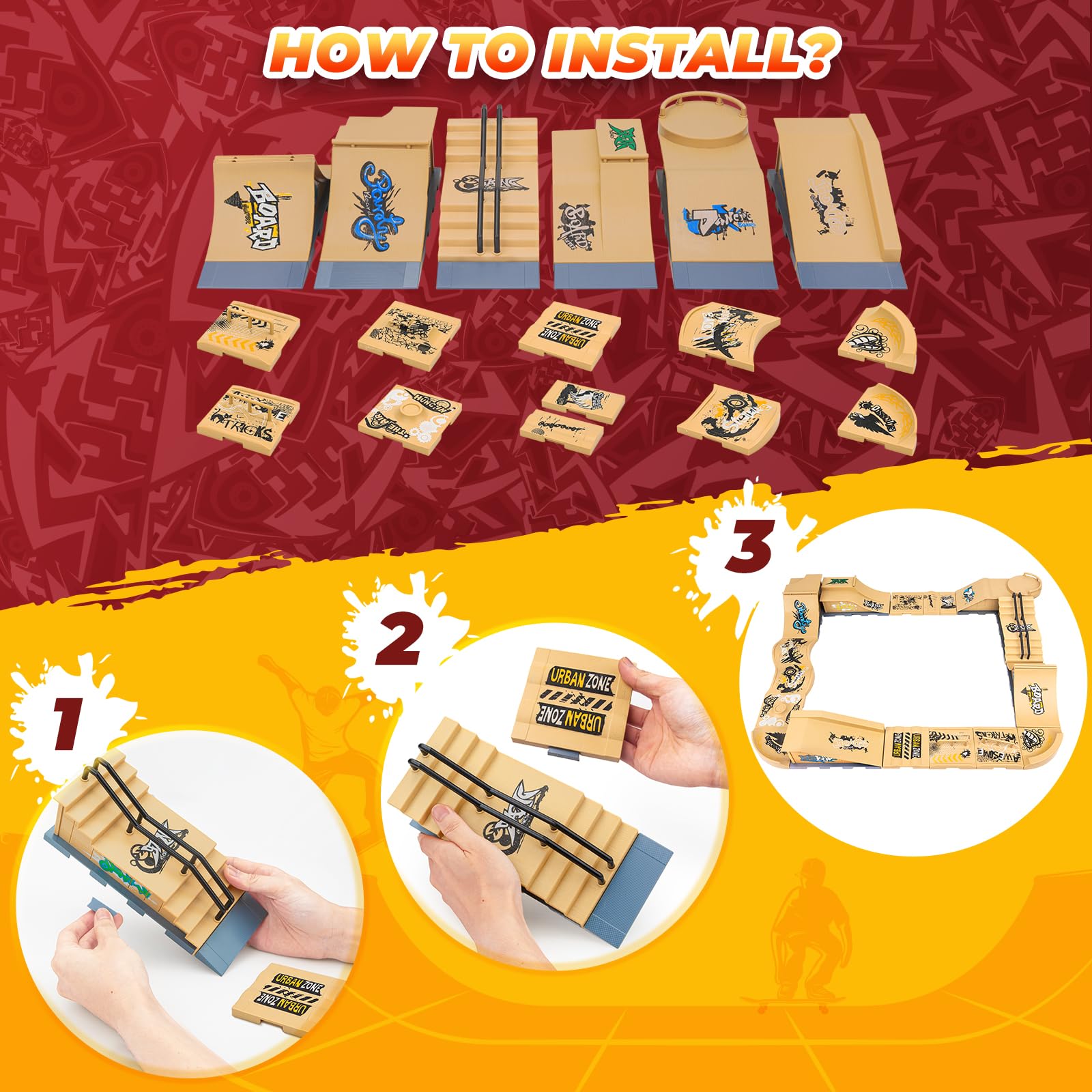 Finger Skateboards Ramp Set, 6 in 1 Fingerboard Skatepark Deck with 11 Buffer Plate, Fingerboard Half Pipe Ramp for Kids Adults Fingerboard Train Props Interactive Freestyle Game