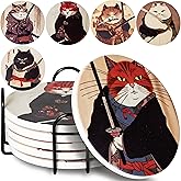 Gifts for Cat Lovers - Ninja Cat Coasters - Anime Cat Decor - Set of 6 Drink Coasters with Holder