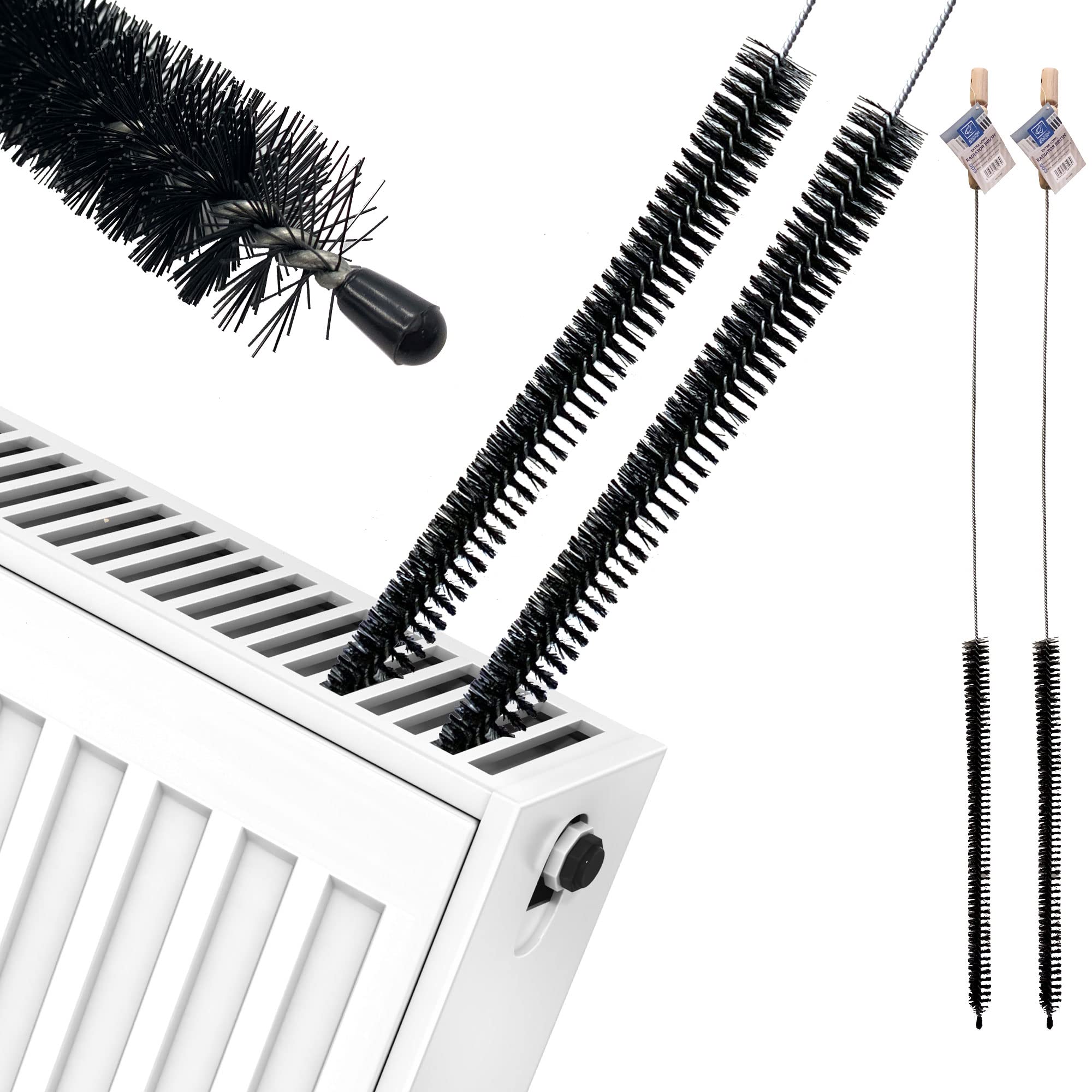Pack of 2 Radiator Brush, 120cm Long Reach and Flexible Radiator Cleaner Brush with Wooden Handle, Slim Duster Dryer Vent Cleaner Lint that Gets Trough Narrow Spaces
