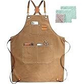 ZOMAO Chef Apron, Cotton Canvas Cross Back Apron with Pockets for Women and Men,Adjustable Strap and Large Pockets Apron,Kitchen Cooking Baking Bib Apron