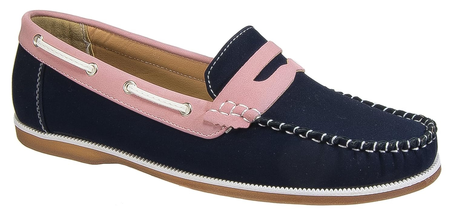 Coolers Shoreside Womens Ladies Deck Boat Shoes/Navy Pink Nubuck Look