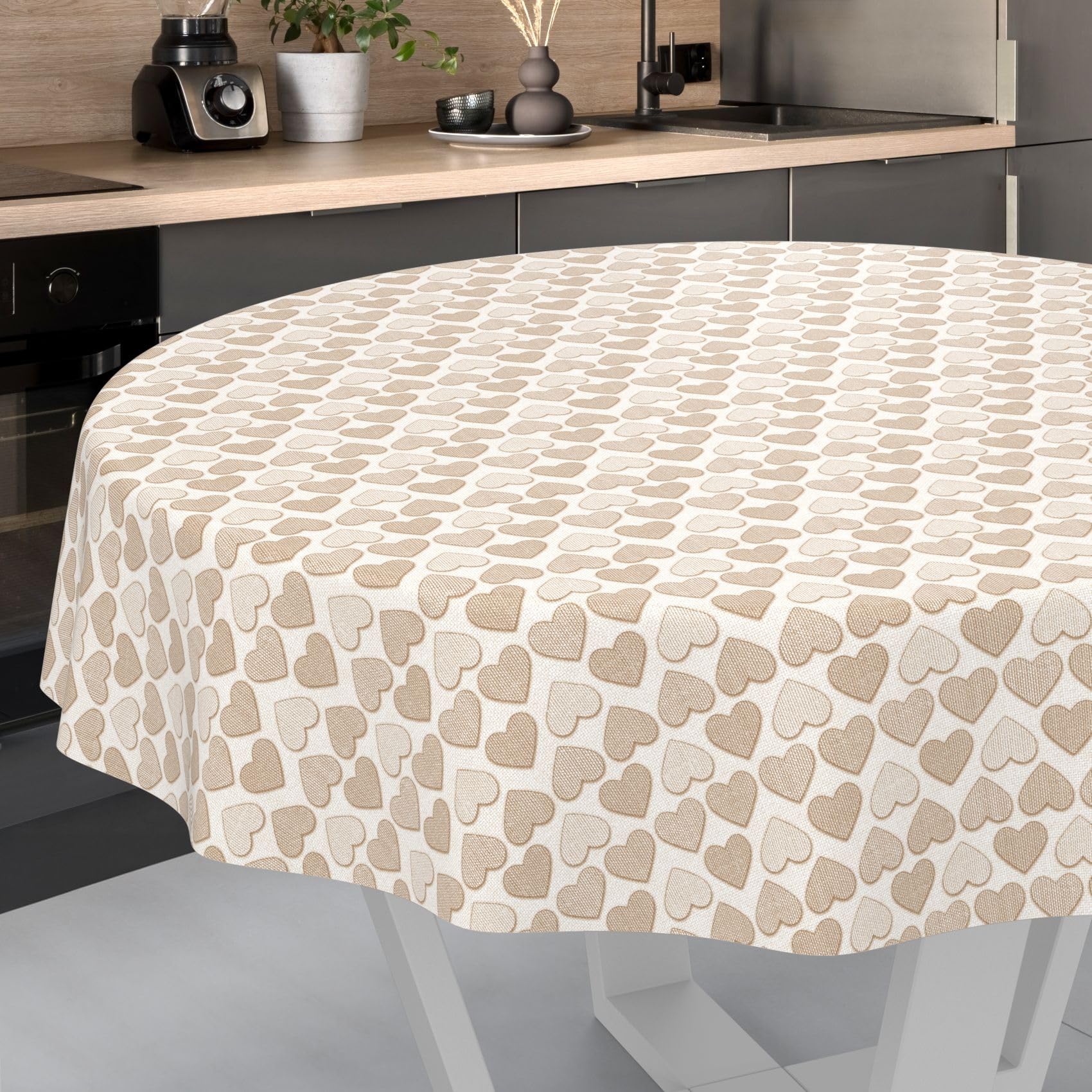 ANRO Oilcloth Tablecloth Washable Oilcloth Garden Tablecloth Outdoor Indoor Round 140 cm Cut Edge Heart Beige