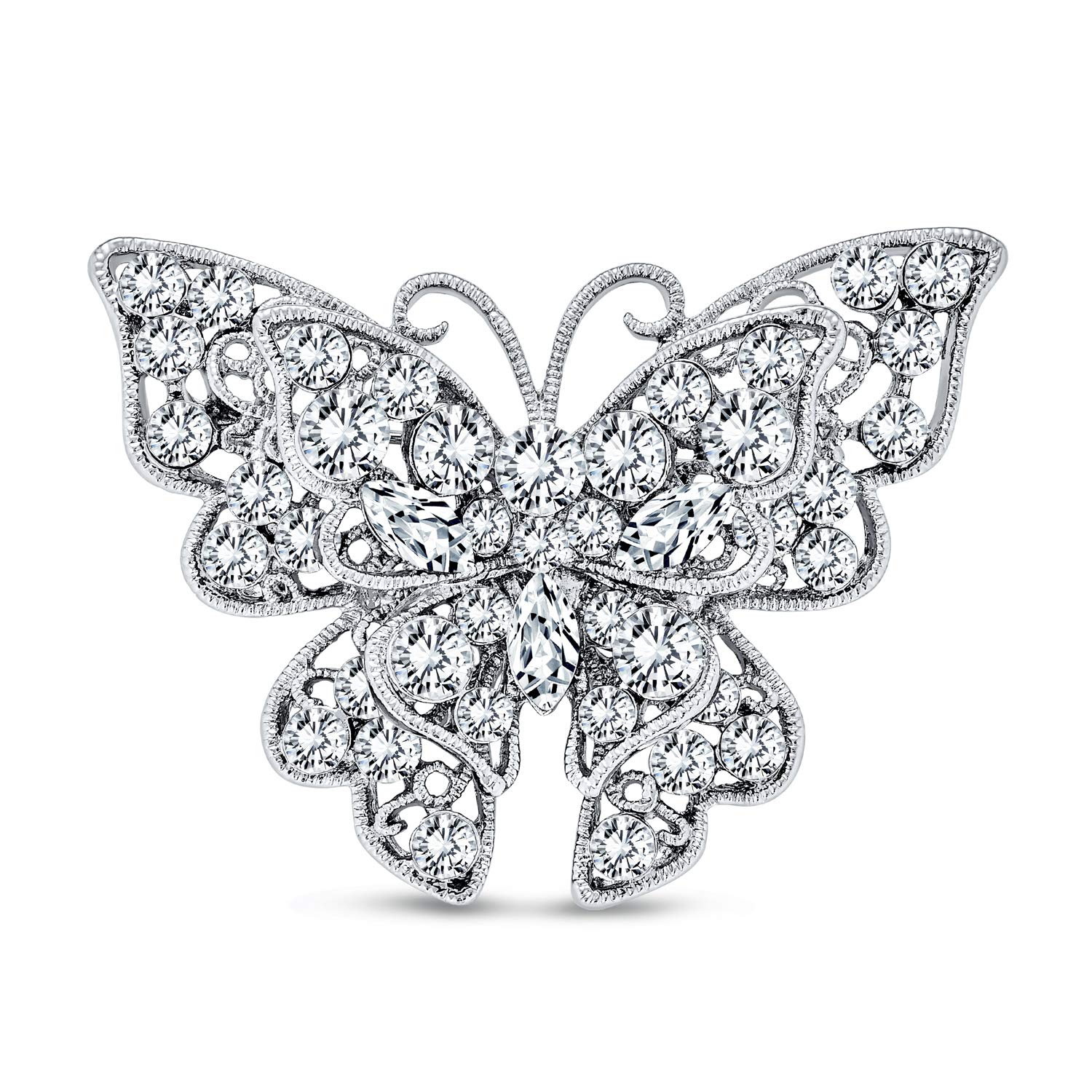 Silver Plated Brass Large Crystal Filigree Butterfly Brooch Scarf Pin for Women Fashion Statement with Fluttering Design — image 1