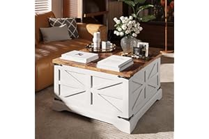 MXV Farmhouse Coffee Table with Storage, Square Coffee Tables for Living Room, Rustic Wood Center Table with Hinged Lifting Tabletop for Home, White