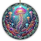 Velyra Christmas Ornament 2025 – Jellyfish Stained Glass Style Ceramic Ornament, Under The Sea Decoration for Tree, Marine Life Art Gift for Ocean Lovers, Coral Reef Jellyfish Design