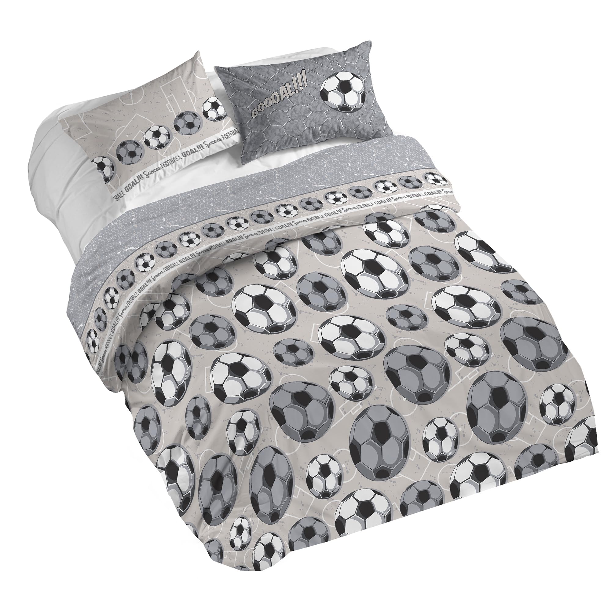 PENSIERI DELICATI 100% Cotton Double Duvet Cover Set, Complete with 250 x 200 cm Bag and 2 Pillowcases 52 x 82 cm, Made in Italy, Duvet Cover Machine Washable At 40 Degrees, Grey Football Design — image 1