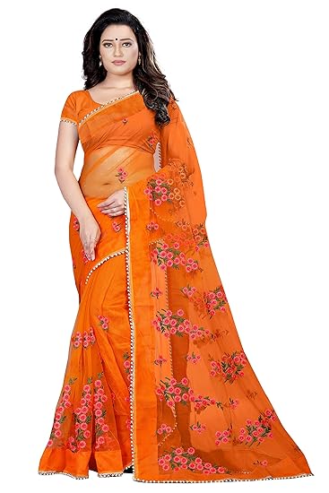 Women's Mono Net Embroidered And Pearl Work Saree (Mc-1199_Free Size)