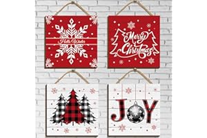 Beeveer 4 Pcs Merry Christmas Sign Buffalo Plaid Wood Wall Hanging Christmas Wooden Door Sign Farmhouse Plaque Tree Decorations Set Wall Pediments for Front Xmas Home Door Decor