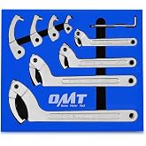 OMT 8Pc Adjustable Pin Spanner Wrench Set, 3/4-6.1in Suspension Tool | 1045 Carbon Steel Handle; Heavy-Duty Cr-V Hooks; 4 Interchangeable Adapters; Anti-Rust Chrome Finish; Custom Organizer Tray