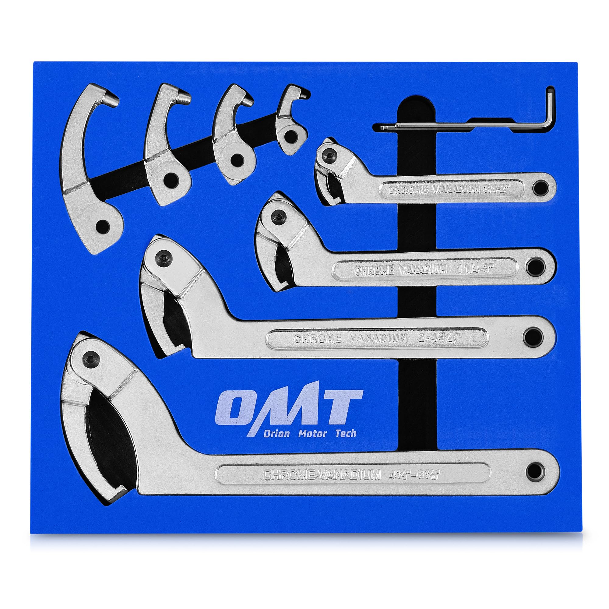 Photo 1 of Orion Motor Tech 8pc Adjustable Pin Spanner Wrench Tool Set, Spanner Nut Wrench Tools with Changeable Heads for Pipes Heating Cars, Coilover Hook Wrenches for Suspension System, 3/4" to 6-1/10"