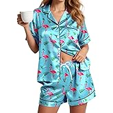 Kallenorox Womens Silky Pajama Sets Short Sleeve Loungewear 2 Pcs Satin Soft Pj Sets Button Down Women's Summer Sleepwear