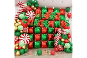 HKYOOD 50pcs Red and Green Square Foil Balloons Wall Backdrop with 170pcs Balloon Garland Arch Kit, Merry Christmas banner, Cane, Candy, Double Sided Foil Balloons for Christmas Xmas Party Decorations