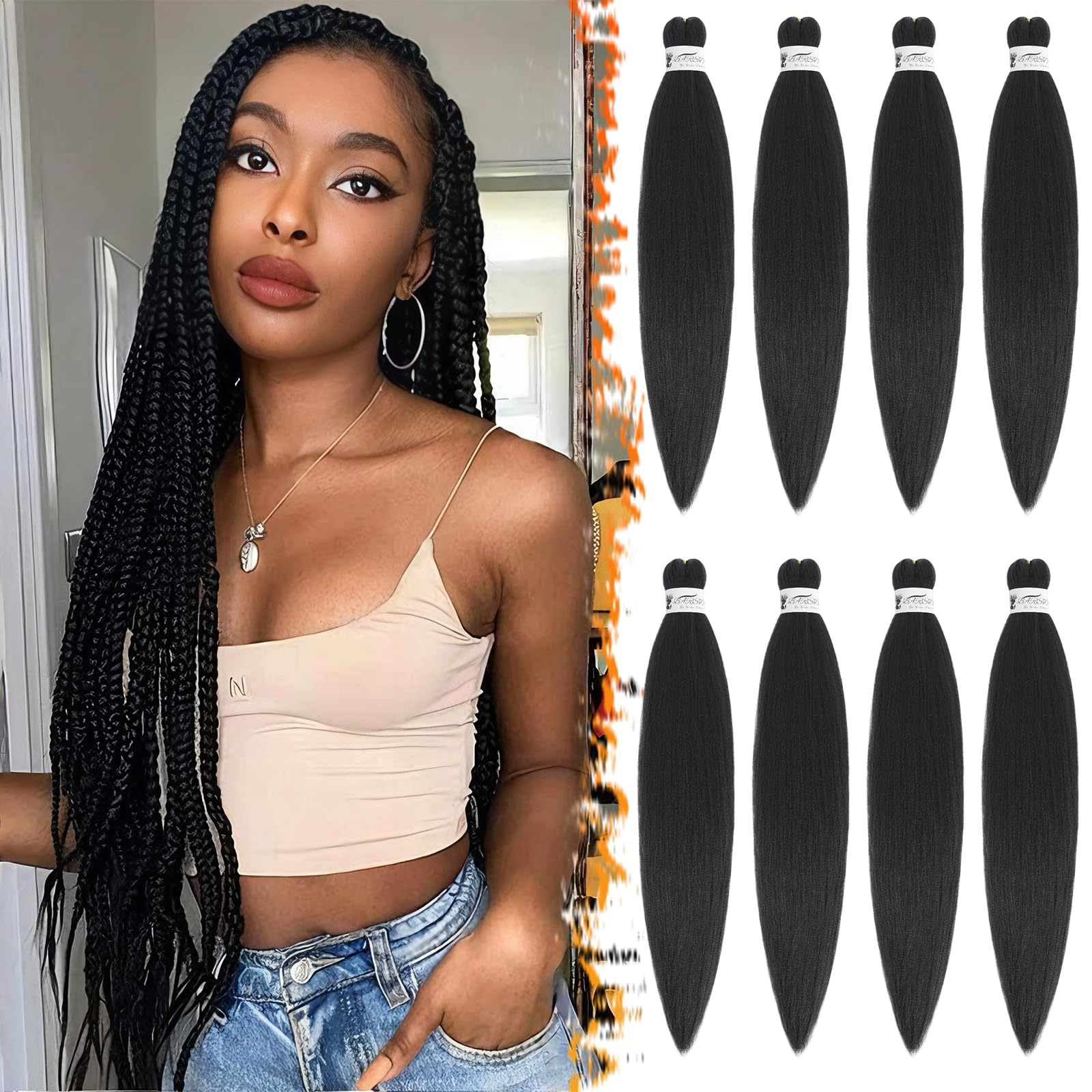 BARSDAR Pre stretched Braiding Hair, 26 Inch 8 Packs Black Long Braiding Hair For Twist or Box Braids Yaki Texture Hot Water Setting Synthetic Crochet Braiding Hair Extensions -2# Natural Black