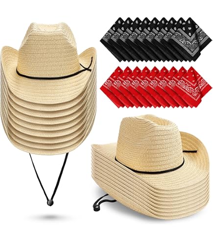 Unittype Straw Cowboy Hat Set of 6 with Bandanas, Beige, for  display picture 1