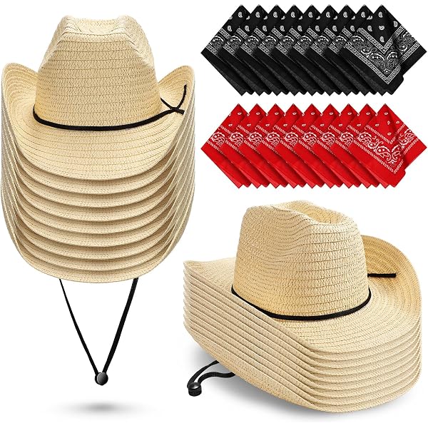 9989 12 Set Straw Cowboy Hats & Bandanas- Party Hat Costume SATINIOR 12 Set Straw Cowboy caps and Bandanas Cowboy Party  main image 2