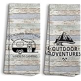 NOQL Camp Towel, Outdoor Adventures Kitchen Towels, Camping Decoration, Happy Camper RV Accessories, Gifts for Campers, Camping Gifts for Women Men, Set of 2, 16x24