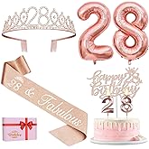 28th Birthday Decorations for Women with 28th Birthday Sash and Tiara, Cake Topper and Candles, Number Balloons, 28 Year Old Gifts for Women