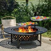 OutVue 47 Inch Fire Pit with 2 Grills | Wood Burning Fire Pits for Outside with Lid &amp; Poker,BBQ&amp; Outdoor Fire Pit &amp; Round Metal Table 3 in 1 for Patio, Picnic, Party