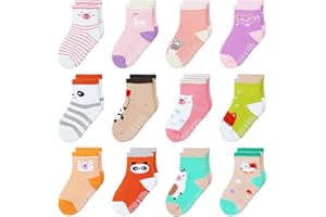 HYzgb 12 Pack Non Slip Kids Toddler Baby Socks with Grips for 1-7 Years Boys Girls Cotton Crew Socks Multi Colors