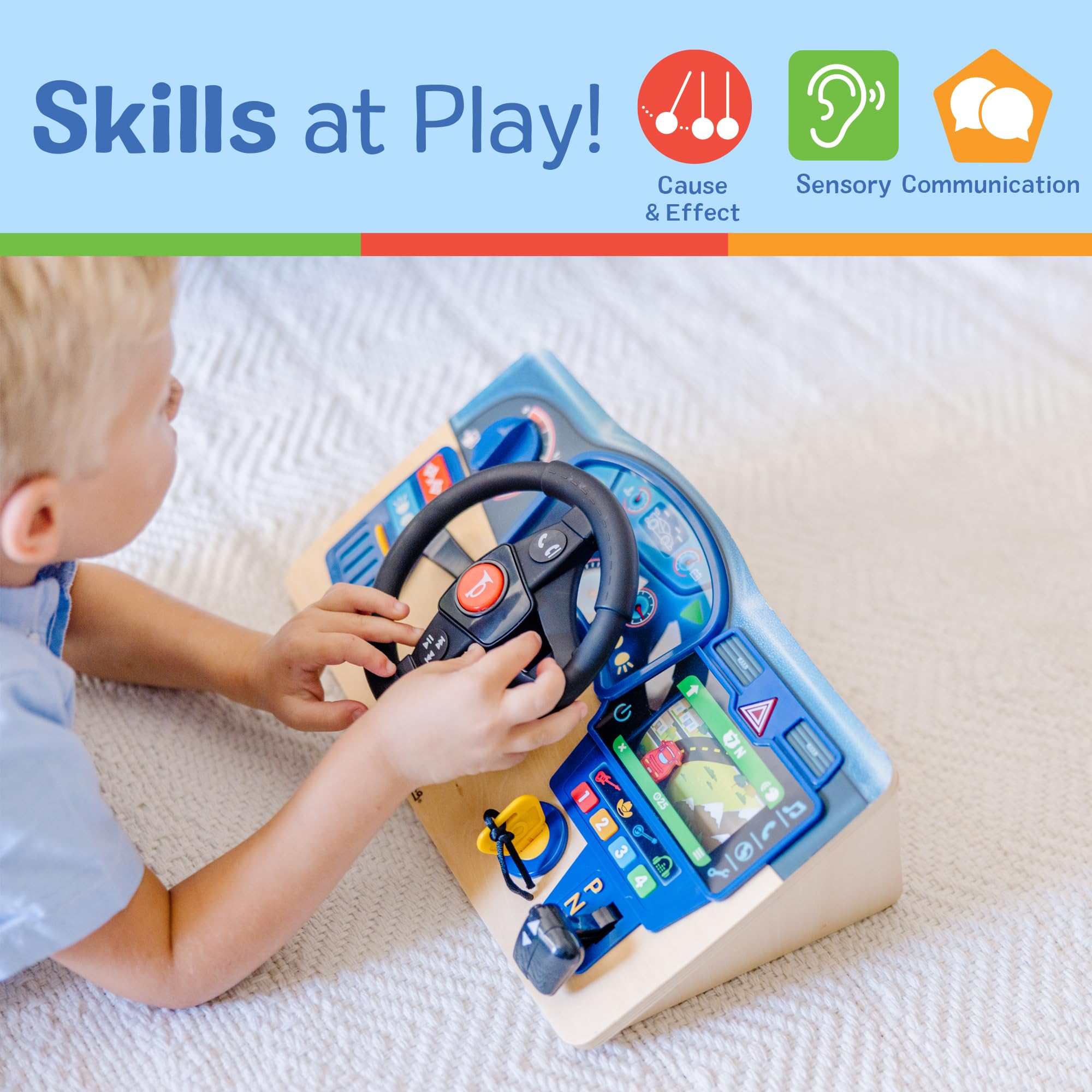 Melissa & Doug Vroom & Zoom, Interactive Wooden Dashboard, Racing Car Steering Wheel Toy, Lights & Sounds, Preschool Learning Toys for Girls & Boys 3+ - FSC Certified