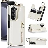 XIMAND for Samsung Galaxy Z Fold 7 Wallet Case with Zipper and Credit Card Holder, Cash Slot, Front Tempered Glass Screen Protector & Reinforced Frame Protective Cover.(White)