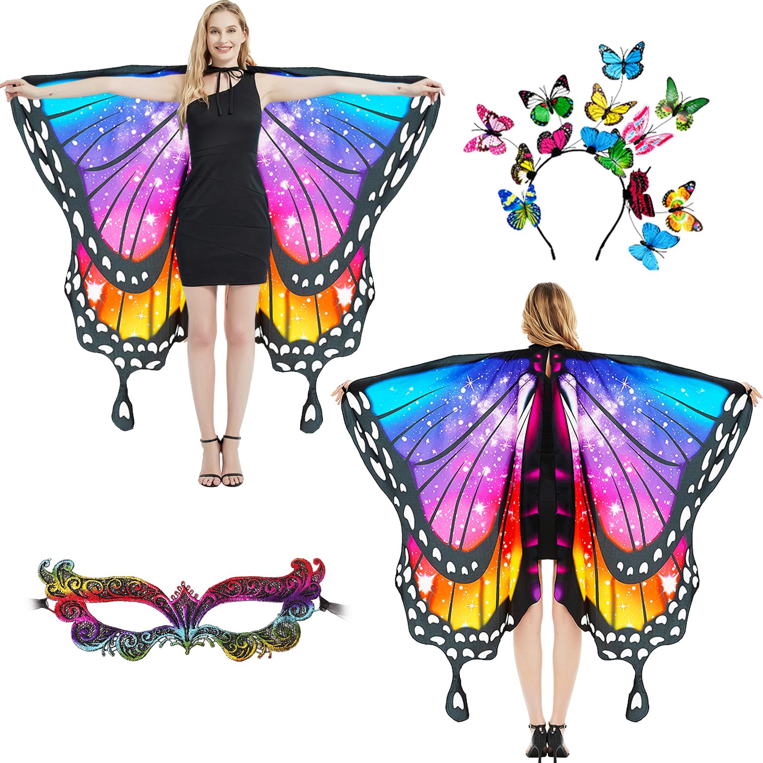 plainshe Butterfly Wings Double-Sided, Fairy Wings for Adults, Halloween Costumes for Women, 3PCS Butterfly Cape Set (Double-Sided 15)